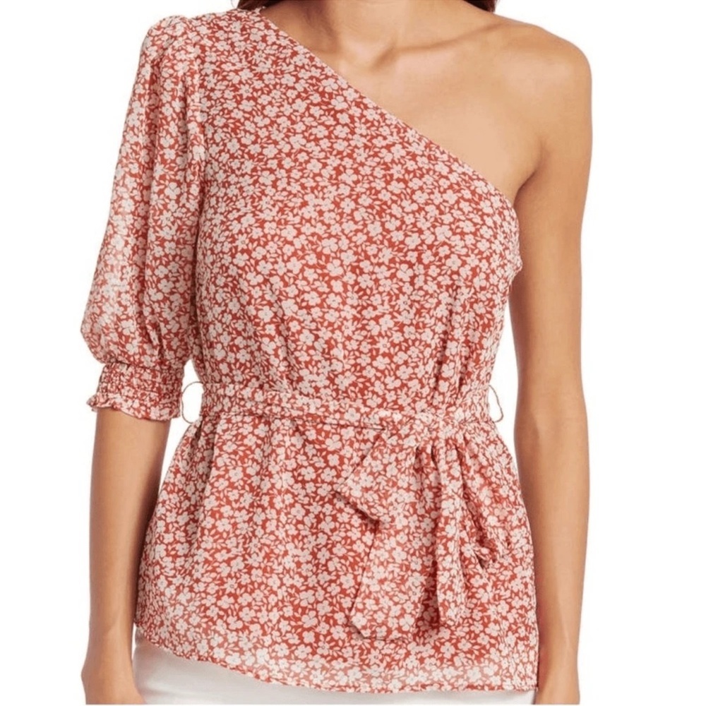 One-Shoulder Floral rust ditsy blouse size large. Nwt